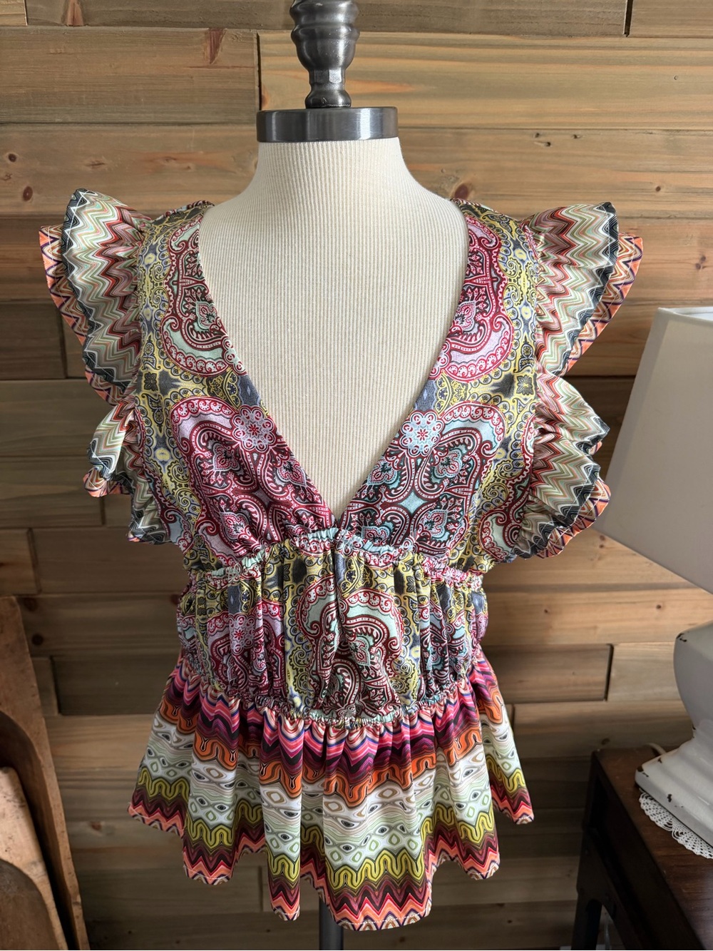 Paisley Ruffle V-Neck Peplum Blouse - Pink Multi